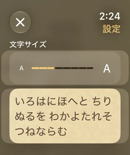 読書設定の文字サイズ。スライダーと見本の文章