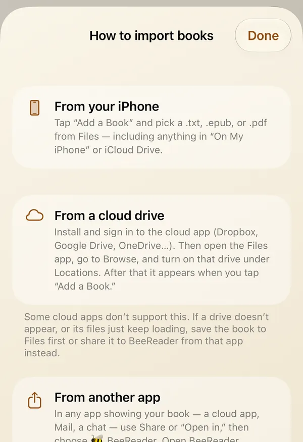 The How to import books screen: From your iPhone, From a cloud drive, From another app