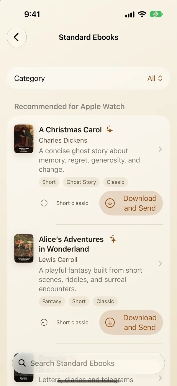 The Standard Ebooks shelf in the BeeReader iPhone app, with books recommended for Apple Watch and Download and Send buttons