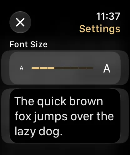 The text size slider in Reading Settings on Apple Watch